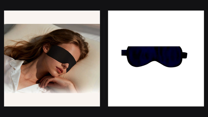 Side-by-side editorial: woman wearing contour sleep mask and navy mulberry silk sleep mask product shot