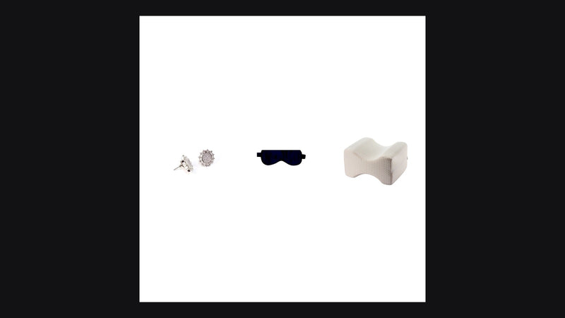 Eight Meridian Circadian Reset products — SnoozeStuds, mulberry silk sleep mask, and ergonomic knee pillow on dark editorial backdrop