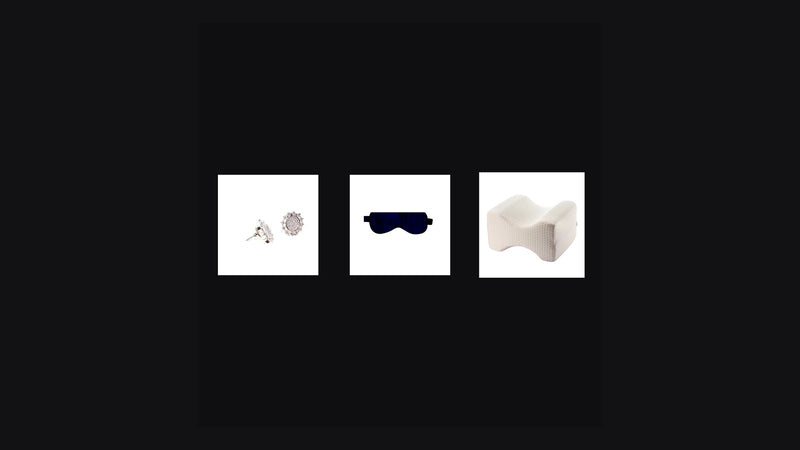 Eight Meridian Circadian Reset Bundle — flat-back studs, silk sleep mask, and knee pillow on dark editorial backdrop